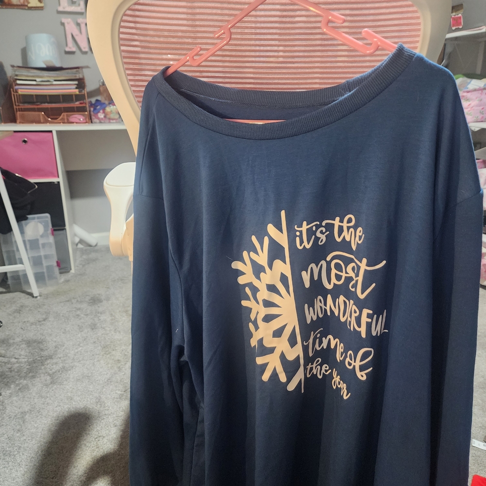 Navy Blue Long Sleeve Christmas SweatShirt with White Print